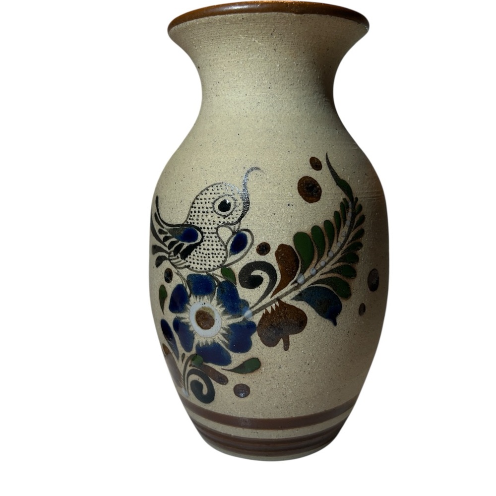 Handcrafted Mexican Tonala Ceramic Vase with Floral Design, signed 6” vintage